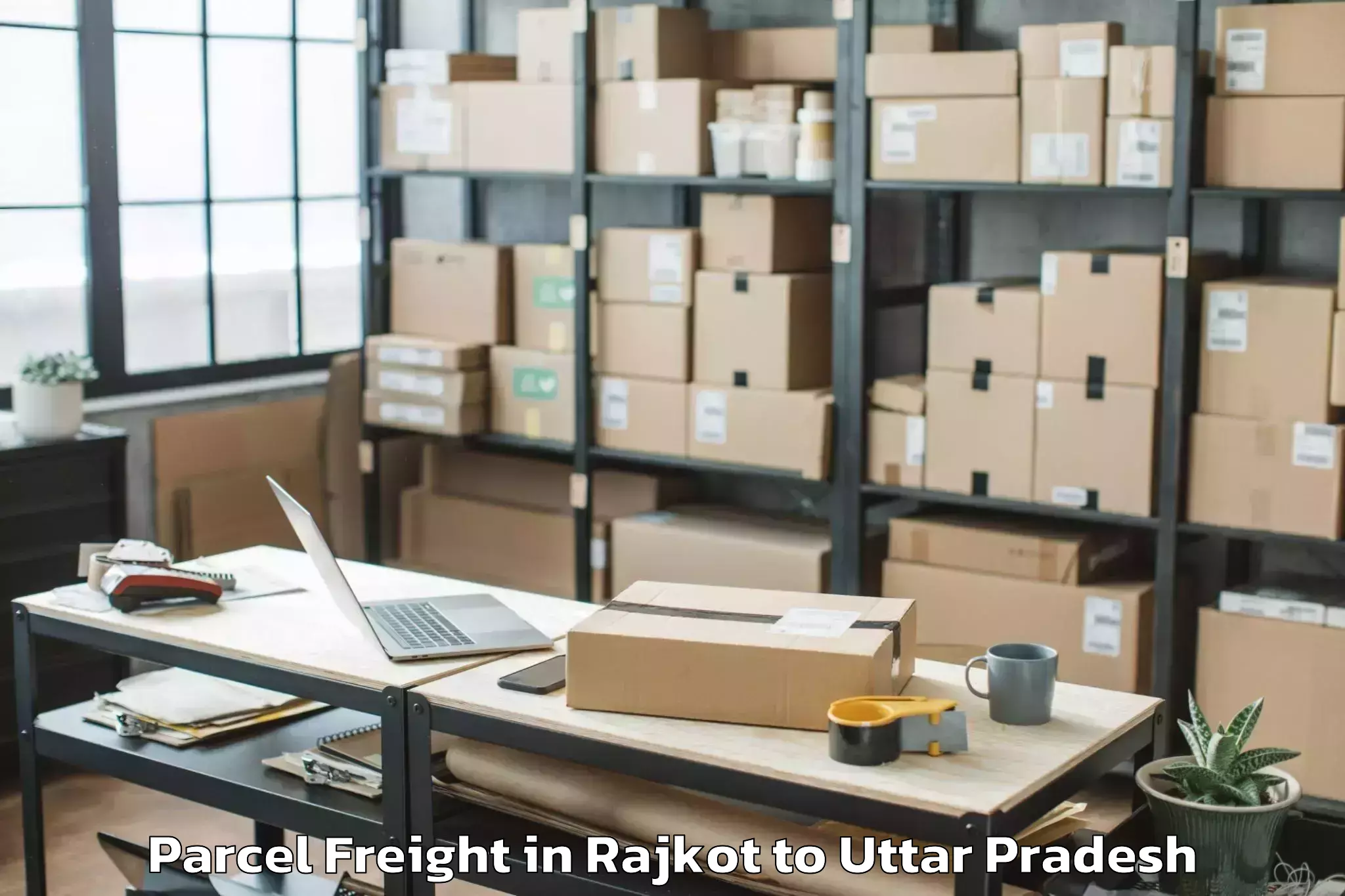 Easy Rajkot to Gopiganj Parcel Freight Booking